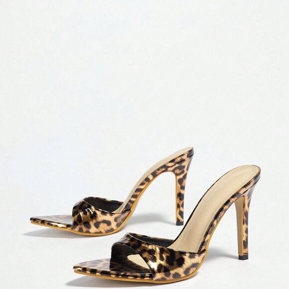 metallic Women's High Heel Leopard Print Gold Mule Shoes - Picture 5 of 7